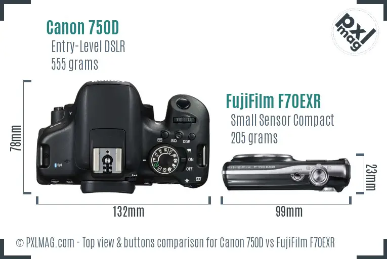 Canon 750D vs FujiFilm F70EXR top view buttons comparison Canon 750D vs FujiFilm F70EXR top view buttons comparison