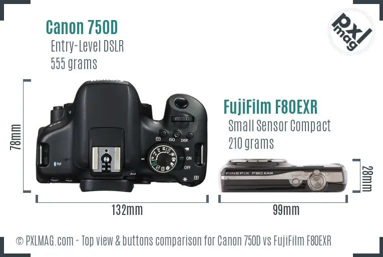 Canon 750D vs FujiFilm F80EXR top view buttons comparison