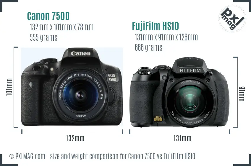 Canon 750D vs FujiFilm HS10 size comparison