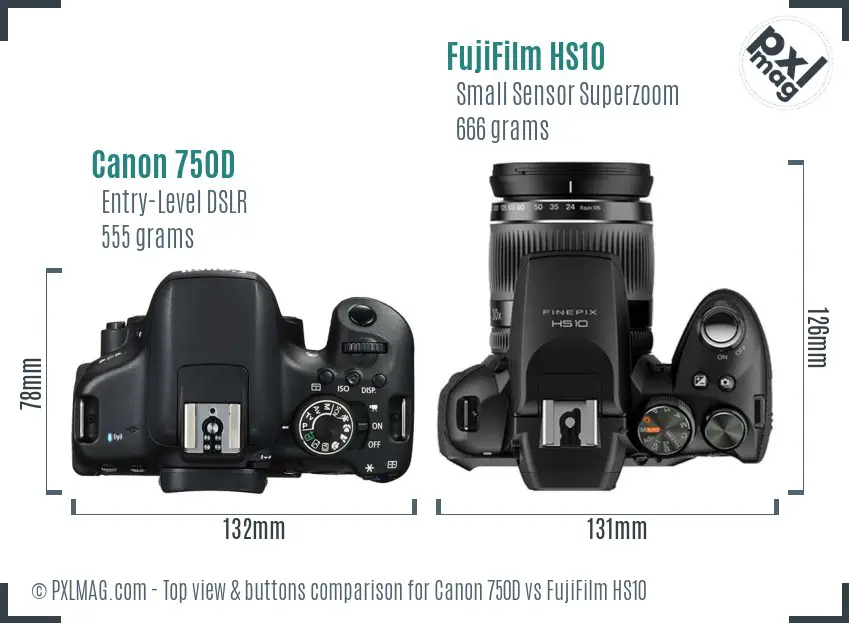 Canon 750D vs FujiFilm HS10 top view buttons comparison