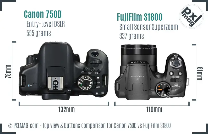 Canon 750D vs FujiFilm S1800 top view buttons comparison