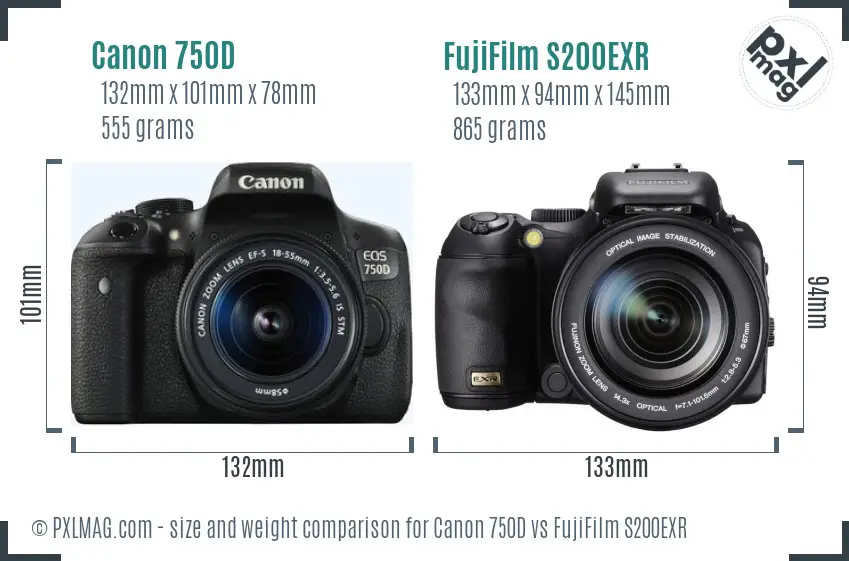 Canon 750D vs FujiFilm S200EXR size comparison