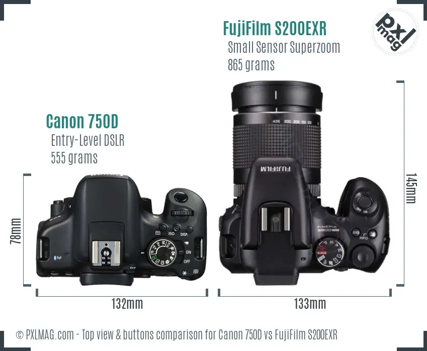 Canon 750D vs FujiFilm S200EXR top view buttons comparison