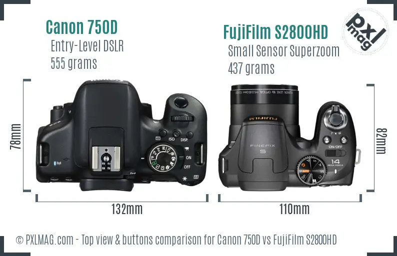 Canon 750D vs FujiFilm S2800HD top view buttons comparison