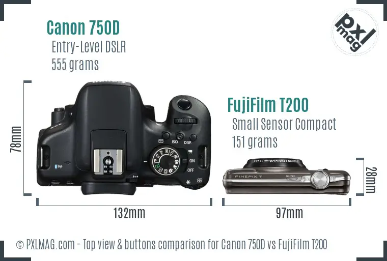 Canon 750D vs FujiFilm T200 top view buttons comparison