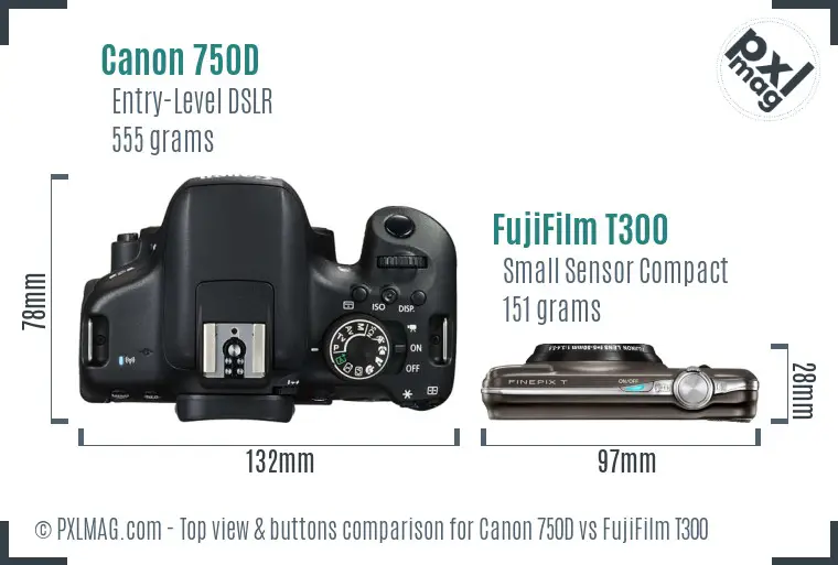 Canon 750D vs FujiFilm T300 top view buttons comparison