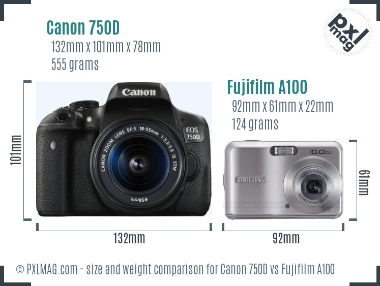 Canon 750D vs Fujifilm A100 size comparison