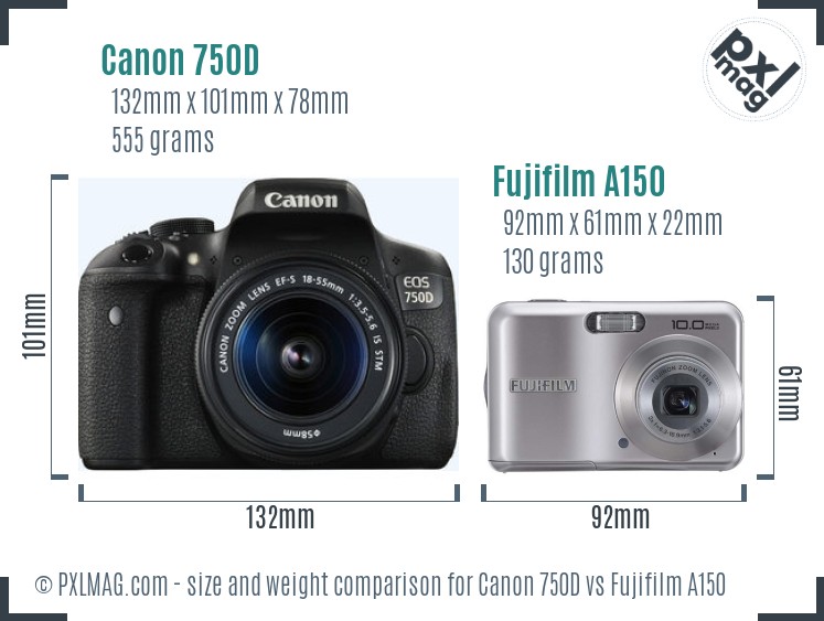 Canon 750D vs Fujifilm A150 size comparison