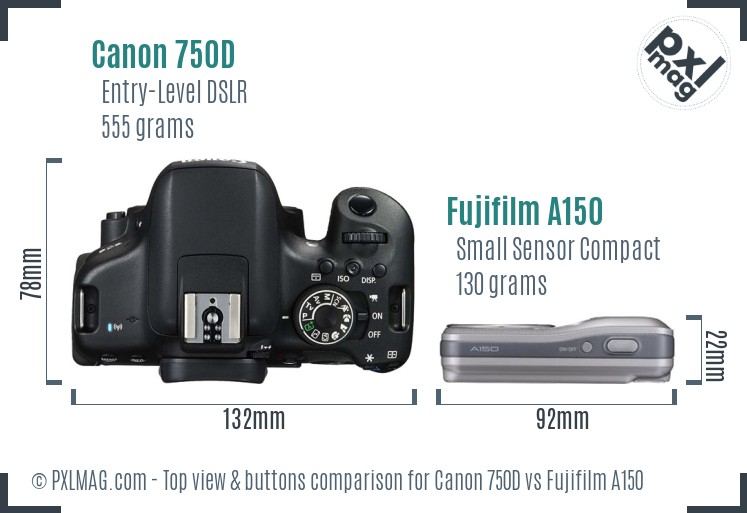 Canon 750D vs Fujifilm A150 top view buttons comparison