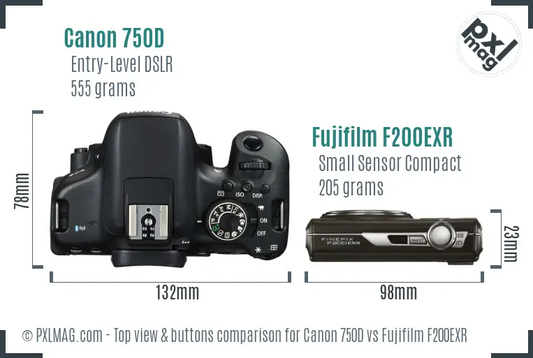 Canon 750D vs Fujifilm F200EXR top view buttons comparison