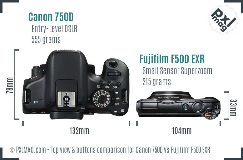 Canon 750D vs Fujifilm F500 EXR top view buttons comparison