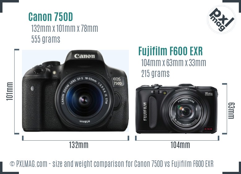 Canon 750D vs Fujifilm F600 EXR size comparison