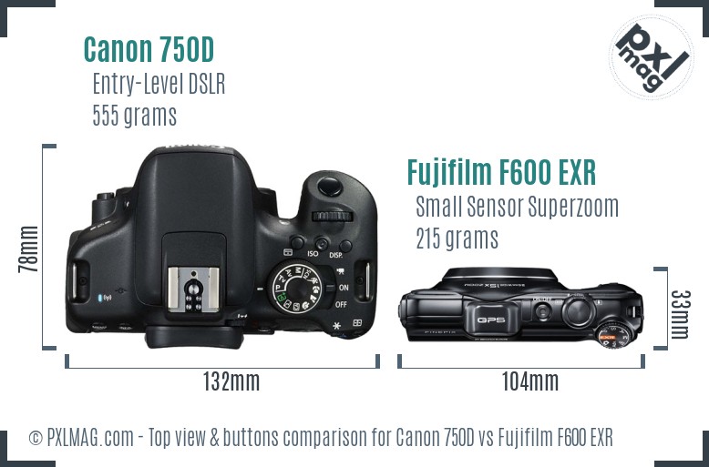 Canon 750D vs Fujifilm F600 EXR top view buttons comparison