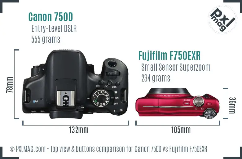 Canon 750D vs Fujifilm F750EXR top view buttons comparison