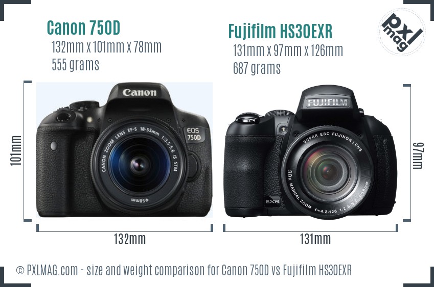 Canon 750D vs Fujifilm HS30EXR size comparison Canon 750D vs Fujifilm HS30EXR size comparison