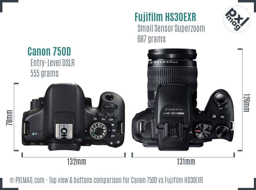 Canon 750D vs Fujifilm HS30EXR top view buttons comparison