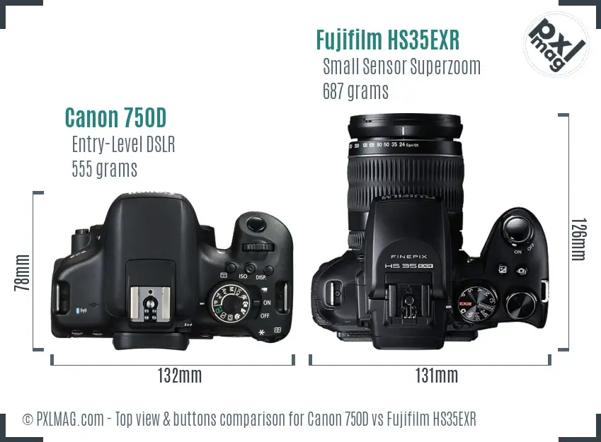 Canon 750D vs Fujifilm HS35EXR top view buttons comparison