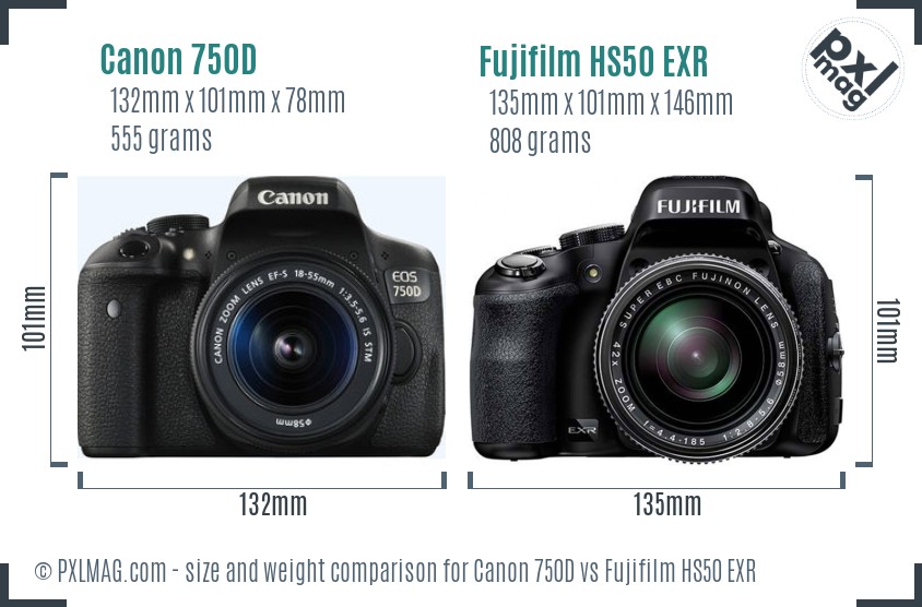 Canon 750D vs Fujifilm HS50 EXR size comparison Canon 750D vs Fujifilm HS50 EXR size comparison