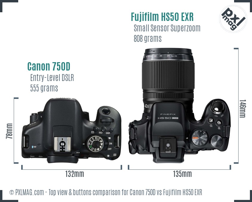 Canon 750D vs Fujifilm HS50 EXR top view buttons comparison