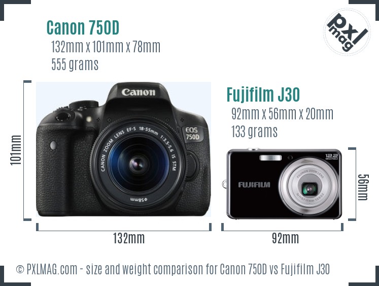 Canon 750D vs Fujifilm J30 size comparison Canon 750D vs Fujifilm J30 size comparison