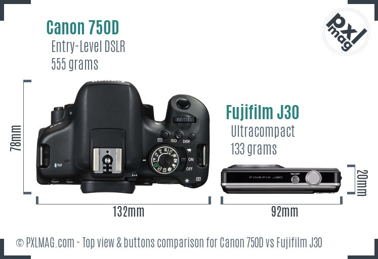 Canon 750D vs Fujifilm J30 top view buttons comparison