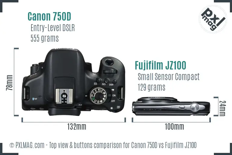 Canon 750D vs Fujifilm JZ100 top view buttons comparison Canon 750D vs Fujifilm JZ100 top view buttons comparison