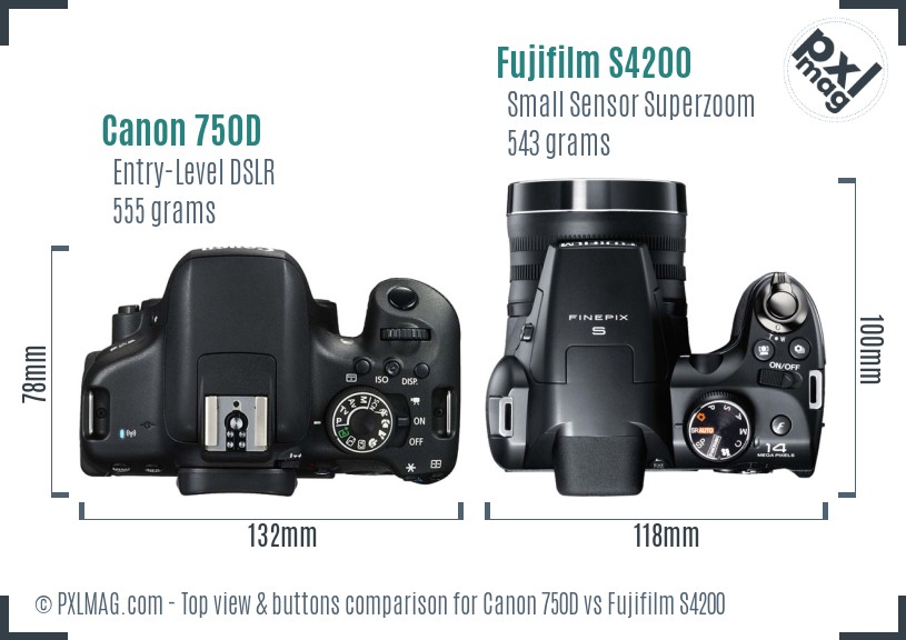 Canon 750D vs Fujifilm S4200 top view buttons comparison