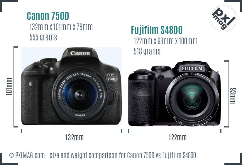 Canon 750D vs Fujifilm S4800 size comparison