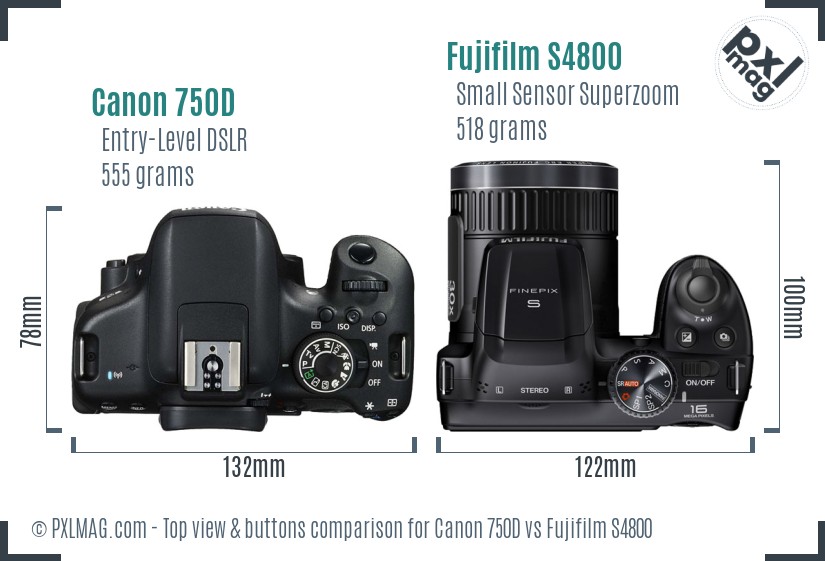 Canon 750D vs Fujifilm S4800 top view buttons comparison