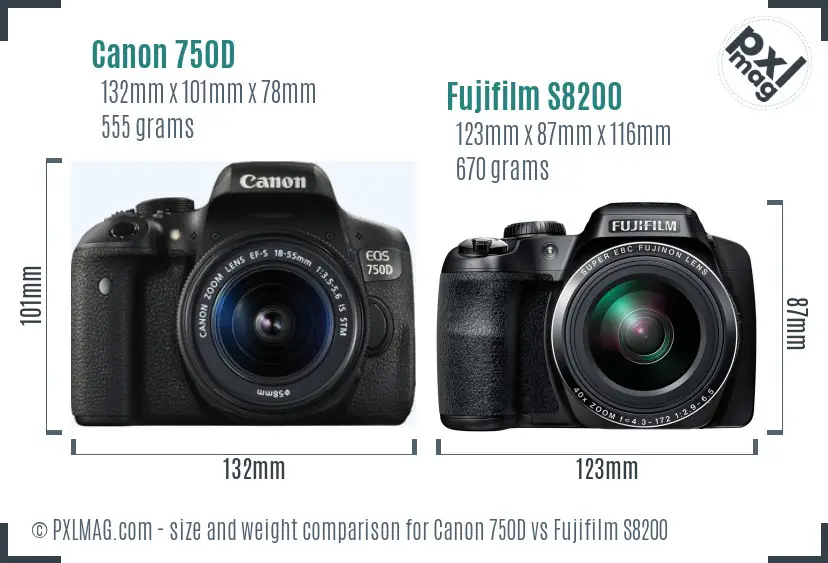 Canon 750D vs Fujifilm S8200 size comparison Canon 750D vs Fujifilm S8200 size comparison