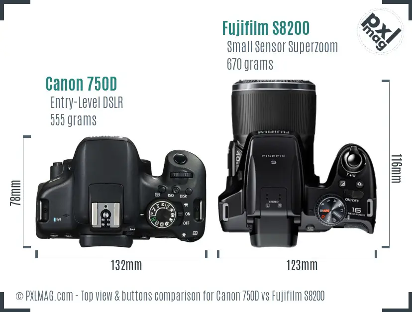 Canon 750D vs Fujifilm S8200 top view buttons comparison Canon 750D vs Fujifilm S8200 top view buttons comparison