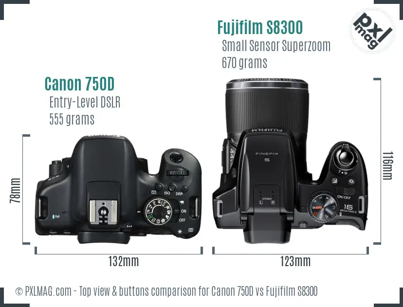 Canon 750D vs Fujifilm S8300 top view buttons comparison Canon 750D vs Fujifilm S8300 top view buttons comparison