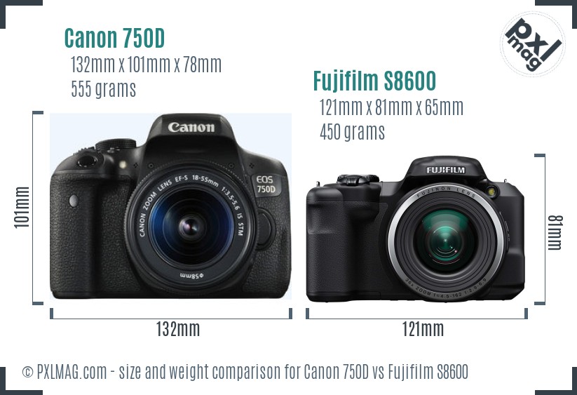 Canon 750D vs Fujifilm S8600 size comparison