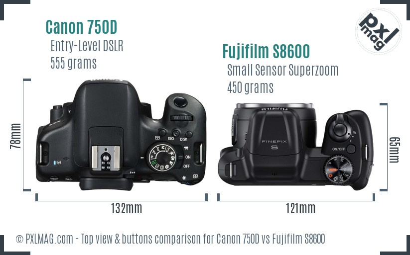 Canon 750D vs Fujifilm S8600 top view buttons comparison
