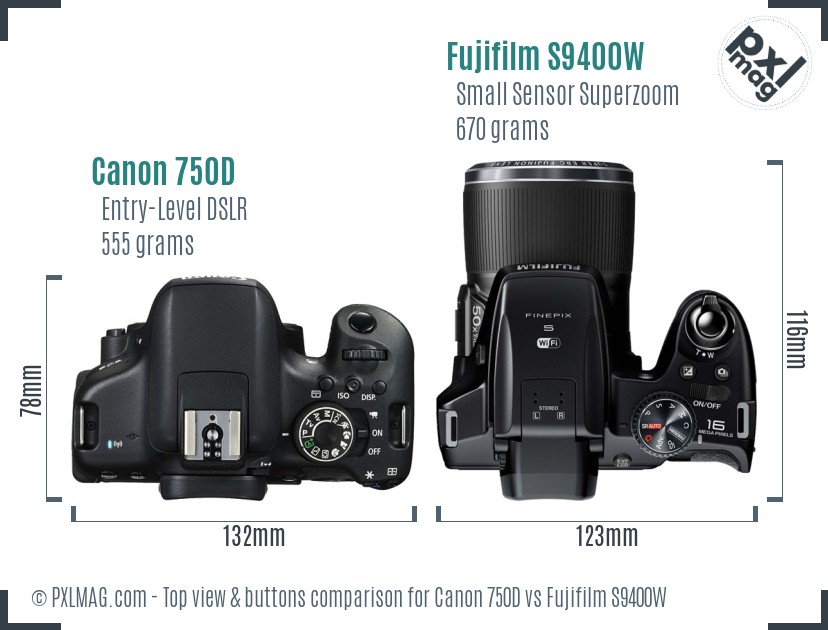 Canon 750D vs Fujifilm S9400W top view buttons comparison
