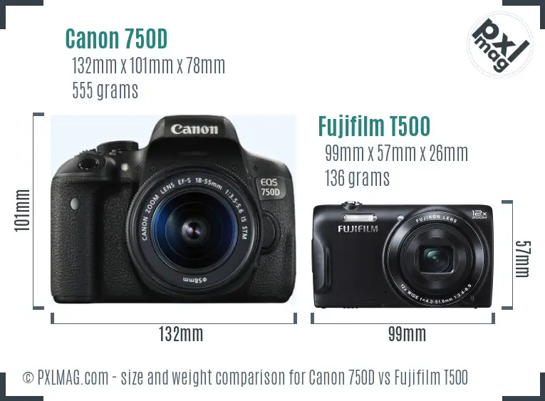 Canon 750D vs Fujifilm T500 size comparison
