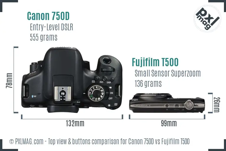 Canon 750D vs Fujifilm T500 top view buttons comparison
