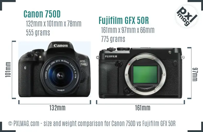 Canon 750D vs Fujifilm GFX 50R size comparison