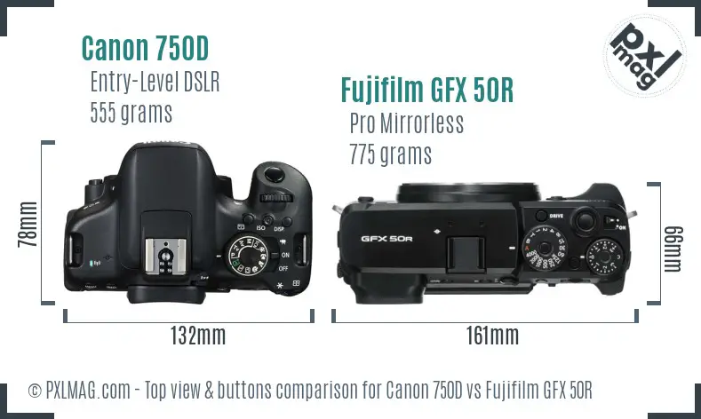 Canon 750D vs Fujifilm GFX 50R top view buttons comparison