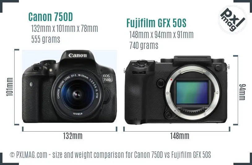 Canon 750D vs Fujifilm GFX 50S size comparison