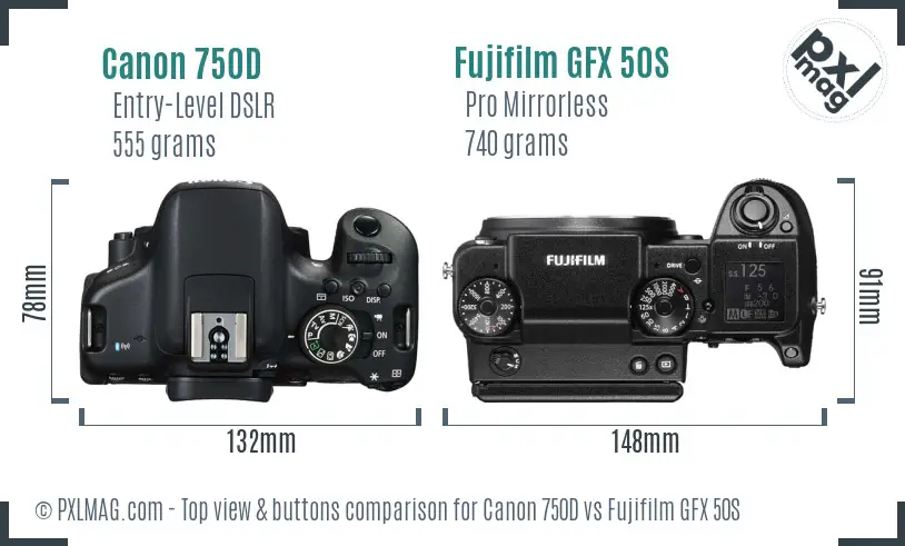 Canon 750D vs Fujifilm GFX 50S top view buttons comparison