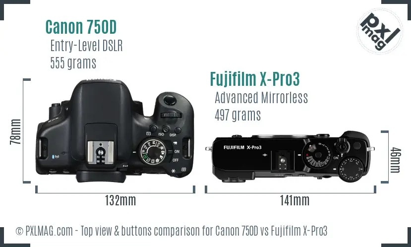 Canon 750D vs Fujifilm X-Pro3 top view buttons comparison