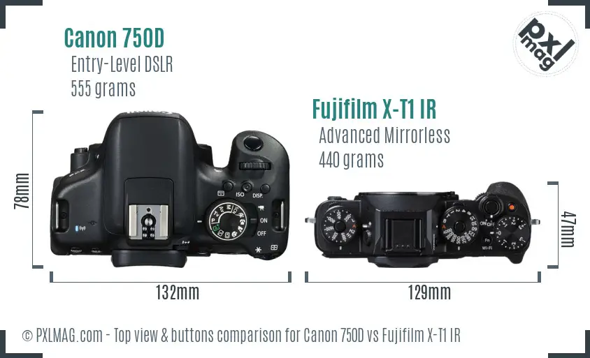 Canon 750D vs Fujifilm X-T1 IR top view buttons comparison