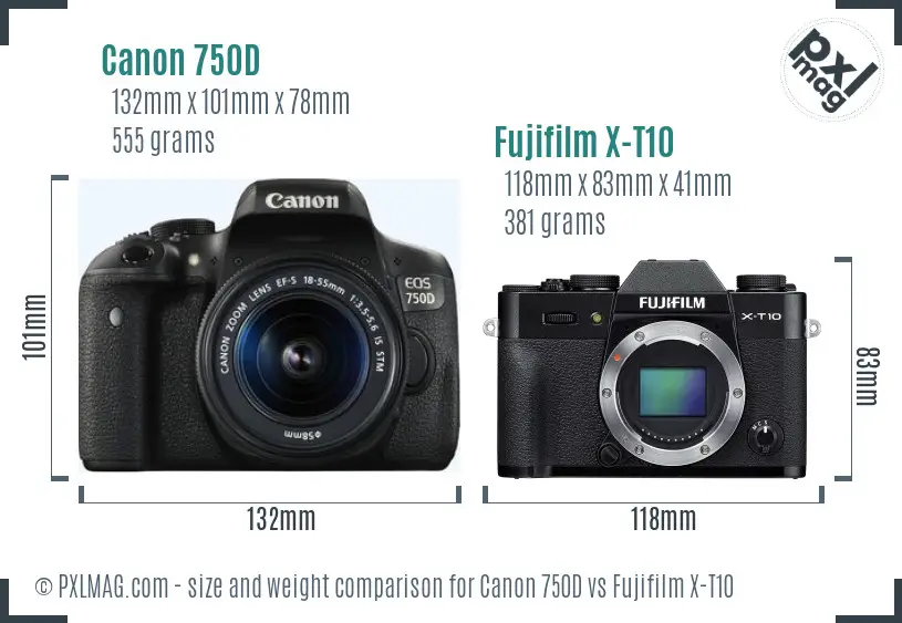 Canon 750D vs Fujifilm X-T10 size comparison Canon 750D vs Fujifilm X-T10 size comparison