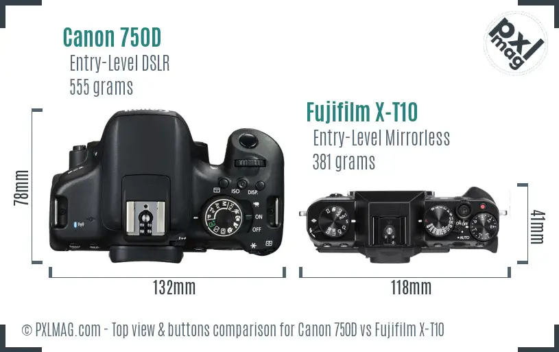 Canon 750D vs Fujifilm X-T10 top view buttons comparison Canon 750D vs Fujifilm X-T10 top view buttons comparison