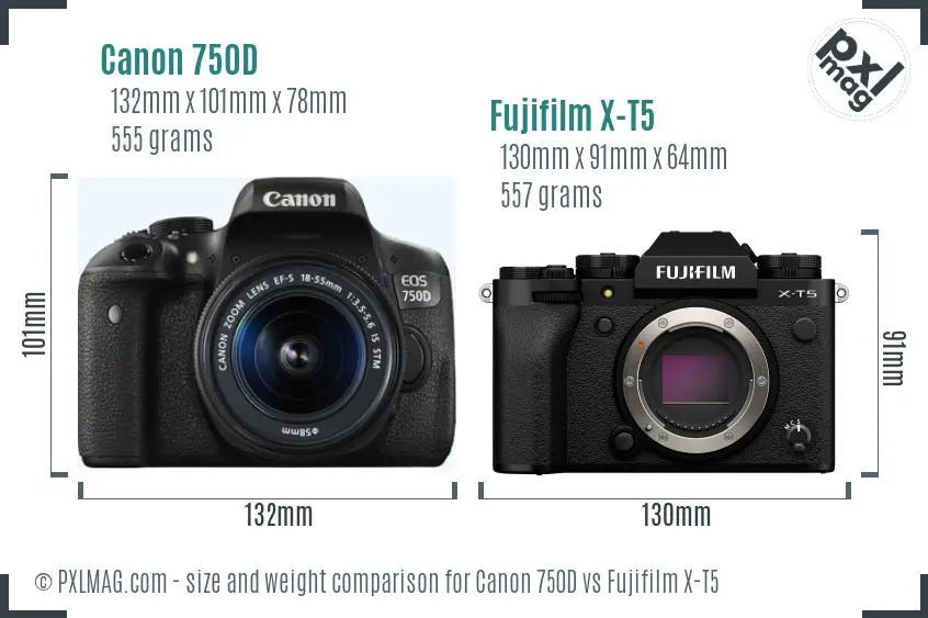 Canon 750D vs Fujifilm X-T5 size comparison Canon 750D vs Fujifilm X-T5 size comparison