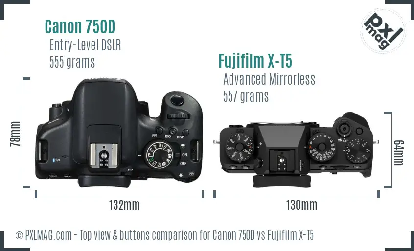 Canon 750D vs Fujifilm X-T5 top view buttons comparison Canon 750D vs Fujifilm X-T5 top view buttons comparison