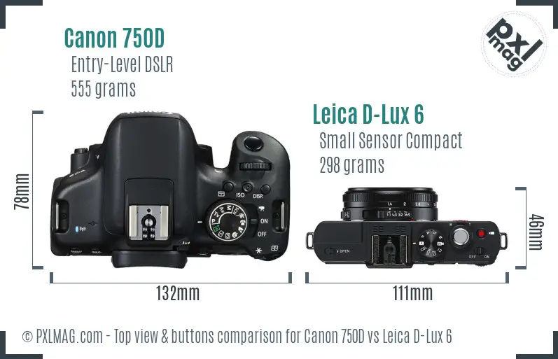 Canon 750D vs Leica D-Lux 6 top view buttons comparison Canon 750D vs Leica D-Lux 6 top view buttons comparison