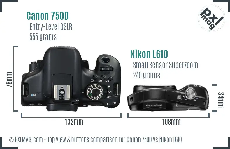 Canon 750D vs Nikon L610 top view buttons comparison