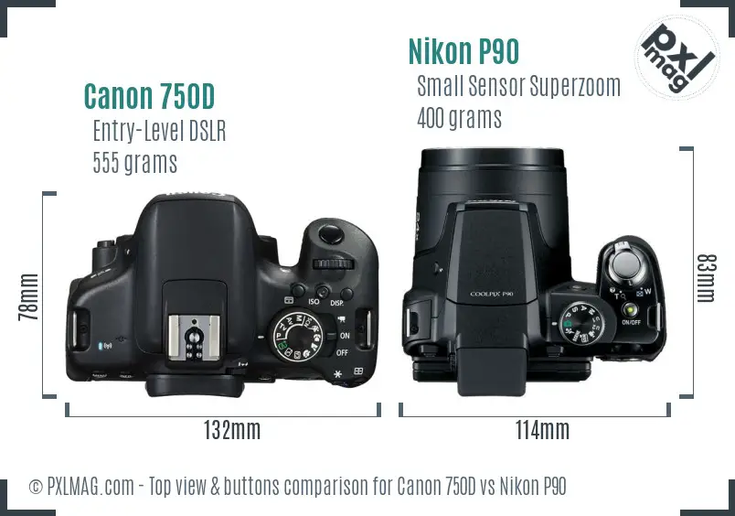 Canon 750D vs Nikon P90 top view buttons comparison Canon 750D vs Nikon P90 top view buttons comparison